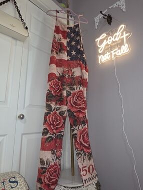 Women's 250th 4th Of JULY patriotic Theme Light Crepe Americana Flag Jumpsuit